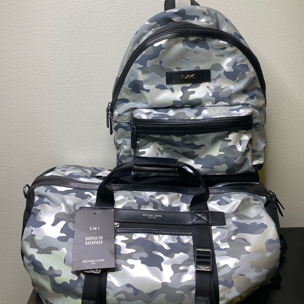 Michael Kors Blk/silver Kent duffel/backpack pair